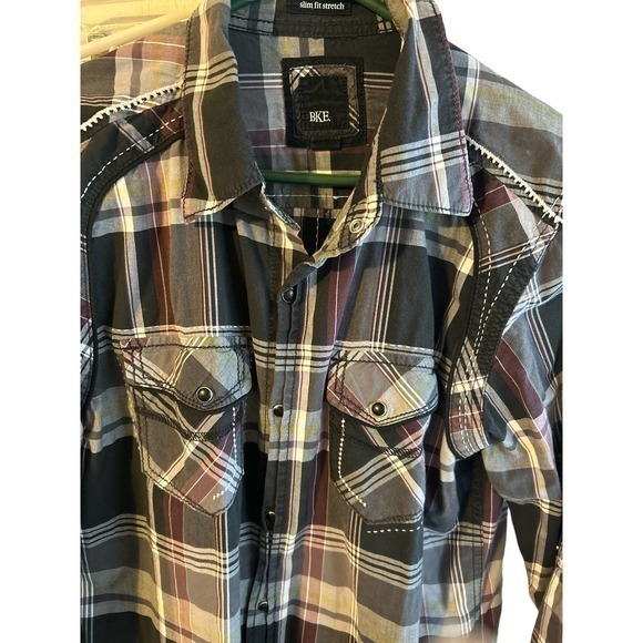BKE Buckle Mens Western Black Gray Plaid Pearl Snap‎ Slim Fit Stretch Size med. - Picture 1 of 3
